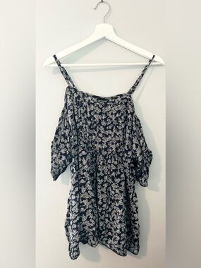 Navy Floral Cold-Shoulder Babydoll Boho Flowy Dress